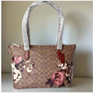 Coach Gallery Tote Rose Floral Brown Signature Canvas CZ180 Shoulder Bag